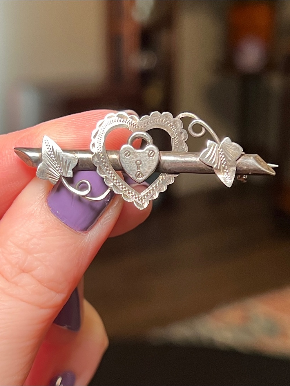 Antique Victorian Birmingham Sterling Silver Padlock Heart Bar Brooch